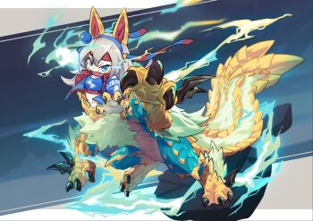 Rule 34 | 1girl, absurdres, ahoge, animal ears, blue eyes, blue hairband, blue scales, blue sports bra, blush, bow, claws, commentary, ear bow, ear covers, ear ornament, electricity, english commentary, fang, full body, grey hair, grey tail, hair between eyes, hairband, headband, highres, horse ears, horse girl, jacket, lightning bolt print, long hair, long sleeves, looking at viewer, mane, monster, monster hunter (series), old-night, open mouth, red headband, scales, sharp teeth, sports bra, striped clothes, striped hairband, tail, tamamo cross (umamusume), tamamo cross (with lightning speed) (umamusume), teeth, umamusume, very long hair, white hair, yellow scales, zinogre