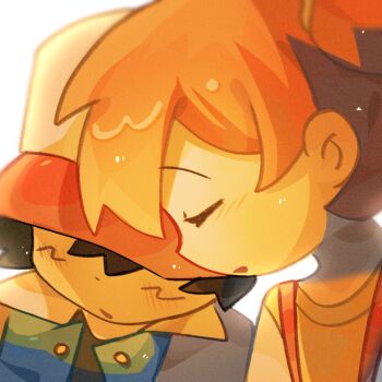 1boy 1girl ash_ketchum baseball_cap black_hair blue_jacket blush brown_eyes closed_eyes eye_focus eyelashes facial_mark green_eyes hair_between_eyes hair_tie hat jacket looking_at_viewer male_focus misty_(pokemon) nintendo open_mouth orange_hair pokemon pokemon_(anime) pokemon_(classic_anime) pokemon_rgby red_headwear shirt short_hair side_ponytail simple_background sleeping sleeping_on_person sleeveless suspenders symbol-shaped_pupils upper_body white_background yellow_shirt