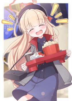 1girl :d blonde_hair blue_archive closed_eyes food grey_jacket halo harada_(sansei_rain) hat highres jacket long_hair nodoka_(blue_archive) open_mouth popcorn skirt smile solo