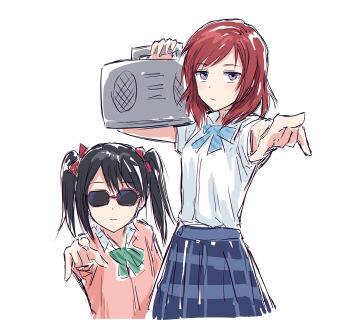 2girls :| black_hair blue_bow blue_bowtie blue_skirt bow bowtie cardigan closed_mouth collared_shirt commentary cowboy_shot diagonal-striped_bow diagonal-striped_bowtie diagonal-striped_clothes expressionless green_bow green_bowtie grey_eyes hair_bow highres holding_boombox light_frown looking_at_viewer love_live! love_live!_school_idol_project medium_hair multiple_girls nishikino_maki otonokizaka_school_uniform outstretched_arm pink_cardigan plaid_clothes plaid_skirt pleated_skirt pointing pointing_at_viewer red-framed_eyewear red_bow red_hair school_uniform shirt short_sleeves simple_background skirt striped_bow striped_bowtie striped_clothes sunglasses twintails white_background yazawa_nico yukitake_(bullfalk)