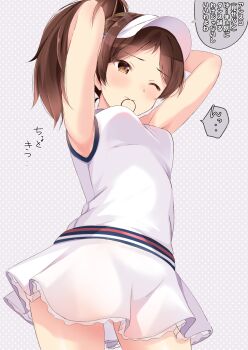 1girl blush breasts brown_eyes brown_hair cosplay dress from_below hair_tie_in_mouth highres idolmaster idolmaster_million_live! kitazawa_shiho mogami_shizuka mogami_shizuka_(cosplay) mouth_hold one_eye_closed ponytail sleeveless sleeveless_dress solo speech_bubble standing tktk135 translation_request visor_cap white_dress
