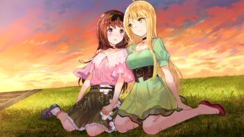 2girls ahoge black_choker black_headband blonde_hair blush bow breasts brown_hair choker closed_mouth collarbone dress eye_contact flats footwear_bow frilled_skirt frills fuzichoco game_cg green_dress green_eyes green_skirt grey_eyes grey_shoes hand_on_another&#039;s_shoulder headband jewelry large_breasts loafers long_hair looking_at_another medium_dress medium_skirt multiple_girls necklace non-web_source nose_blush official_art on_grass on_ground open_mouth otori_ai outdoors pink_bow pink_shirt pleated_skirt puffy_short_sleeves puffy_sleeves red_shoes shirt shoes short_sleeves sitting skirt small_breasts smile split_mouth sunset tachibana_nana very_long_hair wariza yumeutsutsu_re:master yuri