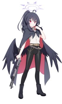 1girl absurdres ahoge belt black_boots black_choker black_cloak black_hair black_pants black_wings blue_archive blush boots brown_belt buttons choker cloak collared_shirt fabarm_sdass feathered_wings full_body gun hair_between_eyes halo hand_up highres holding holding_gun holding_weapon hood hood_down hooded_cloak jyt lace-up_boots large_variant_set leather leather_pants long_hair looking_at_viewer low_wings multicolored_cloak open_mouth original pants ponytail pump_action purple_halo red_cloak red_eyes shirt shirt_tucked_in shotgun sidelocks simple_background sleeveless sleeveless_shirt solo standing sweatdrop tachi-e transparent_background two-sided_cloak two-sided_fabric two-tone_cloak variant_set wavy_mouth weapon white_shirt wings