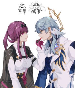1boy 1girl applying_another&#039;s_makeup applying_lipstick applying_makeup artist_name black_jacket blue_shirt breasts chest_harness closed_mouth commentary cosmetics dqdph earrings english_commentary eyewear_on_head from_side glasses gloves grey_hair hair_between_eyes halo halo_behind_head harness head_wings highres holding holding_lipstick_tube honkai:_star_rail honkai_(series) jacket jewelry kafka_(honkai:_star_rail) large_breasts lipstick_tube long_hair long_sleeves looking_at_another parted_lips piercing pince-nez purple_eyes purple_gloves purple_hair shirt simple_background spider_web_print spiked_halo sunday_(honkai:_star_rail) sunglasses upper_body white_shirt white_wings wing_piercing wings yellow_eyes