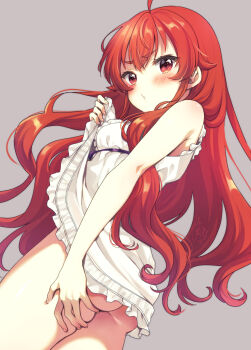 1girl ass ass_peek ass_support bare_arms bare_shoulders blush clothes_lift commentary_request cowboy_shot eris_greyrat frills from_behind grey_background highres kuune_rin lifting_own_clothes lingerie long_hair looking_at_viewer looking_back mushoku_tensei negligee official_alternate_costume parted_lips red_eyes red_hair signature simple_background solo underwear v-shaped_eyebrows very_long_hair