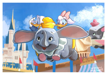 1boy 1girl castle daisy_duck disney disneyland donald_duck duck_boy duck_girl dumbo dumbo_(character) furry furry_male gamorangetana looking_at_viewer mickey_mouse_&amp;_friends mrs_jumbo_(dumbo) open_mouth shirt short_hair smile