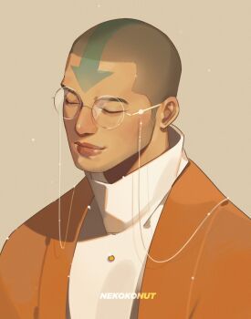 1boy aang aged_up alternate_costume arrow_(symbol) arrow_tattoo artist_name avatar:_the_last_airbender avatar_legends closed_eyes closed_mouth glasses head_tattoo highres jacket long_sleeves male_focus nekokonut22 orange_jacket shirt short_hair sideburns simple_background solo tattoo upper_body very_short_hair white_shirt