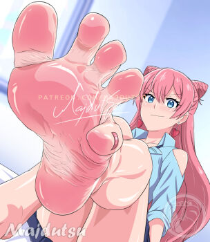 1girl barefoot blue_eyes blush clothing_cutout commentary cone_hair_bun earrings feet foot_focus foreshortening fuufu_ijou_koibito_miman. hair_between_eyes hair_bun heart jewelry long_hair looking_at_viewer majdutsu nail_polish pink_hair sensitive shiny_skin shirt shoulder_cutout sitting skirt smile soles solo toenail_polish toenails toes watanabe_akari