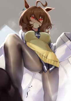 1girl absurdres agnes_tachyon_(tach-nology)_(umamusume) agnes_tachyon_(umamusume) ahoge animal_ears black_necktie black_pantyhose blush breasts brown_hair chemical_structure coat commentary earrings english_commentary from_below hair_between_eyes highres horse_ears horse_girl jewelry lab_coat large_breasts long_sleeves looking_at_viewer looking_down necktie pantyhose pupi_(rain_prophet) red_eyes shirt short_necktie single_earring sleeves_past_fingers sleeves_past_wrists smile solo sweater sweater_vest umamusume white_coat wolf_cut yellow_sweater yellow_sweater_vest