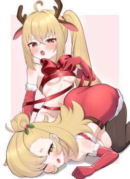 2girls absurdres alternate_costume animal_ears antlers black_pantyhose blonde_hair blush breasts commentary deer_ears dress elbow_gloves english_commentary fake_animal_ears fake_antlers frown gloves green_eyes highres horns looking_at_another looking_at_viewer luciana_de_montefio maru039 medium_breasts merry_christmas mistletoe_hair_ornament multiple_girls one_eye_closed open_mouth pantyhose piper_wheel red_dress red_eyes red_gloves red_ribbon reindeer_antlers ribbon sitting small_breasts smile thick_eyebrows top-down_bottom-up underboob zenless_zone_zero