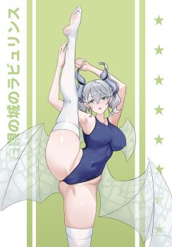 1girl absurdres armpits black_one-piece_swimsuit breasts cowboy_shot demon_girl demon_horns demon_wings drill_hair duel_monster green_background grey_eyes grey_hair highres horns large_breasts lovely_labrynth_of_the_silver_castle low_wings multiple_wings one-piece_swimsuit pointy_ears simple_background soles solo split standing standing_on_one_leg standing_split swimsuit teef thighhighs transparent_wings twin_drills variant_set white_thighhighs white_wings wings yu-gi-oh!