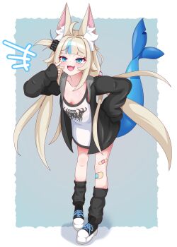 1girl :3 :d absurdres ahoge alternate_costume animal_ear_fluff animal_ears bandaid bandaid_on_leg black_bow black_jacket black_leg_warmers black_shoes blonde_hair blue_eyes blue_streaks blush bow breasts cat_ears cleavage fang fins fish_girl fish_tail hair_bow highres indie_virtual_youtuber jacket leg_warmers long_hair looking_at_viewer multicolored_hair open_mouth rei_(2812q) sameko_saba shirt shoes skin_fang small_breasts smile solo streaked_hair tail very_long_hair virtual_youtuber white_shirt