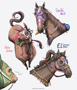 absurdres animal_focus bandaid bridle brown_horse carrot closed_mouth el_condor_pasa_(racehorse) food_in_mouth grass haru_urara_(racehorse) highres horse horse_mask mada_fadaz mane mask no_humans open_mouth real_life reins silence_suzuka_(racehorse) special_week_(racehorse) tail tongue umamusume