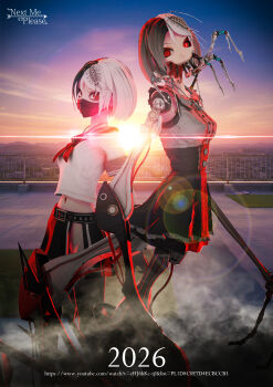 2026 2girls 3d absurdres black_hair calne_ca_(deino) commentary_request deino_(deino3330) highres looking_at_viewer mask mechanical_arms mechanical_legs miniskirt mouth_mask multicolored_hair multiple_girls neckerchief original outdoors red_eyes red_neckerchief sailor_collar sailor_shirt shirt short_sleeves single_mechanical_arm skeletal_arm skirt sleeveless sleeveless_shirt split-color_hair standing watermark web_address white_hair