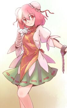 1girl bandaged_arm bandages blush chain commentary_request cuffs double_bun feet_out_of_frame flower_on_chest green_skirt hair_bun hand_up ibaraki_kasen knees light_smile one-hour_drawing_challenge outstretched_arm pink_hair pleated_skirt puffy_short_sleeves puffy_sleeves rangycrow red_eyes red_tabard ribbon-trimmed_skirt ribbon_trim shirt short_hair short_sleeves sideways_glance skirt solo tabard touhou white_shirt yellow_background