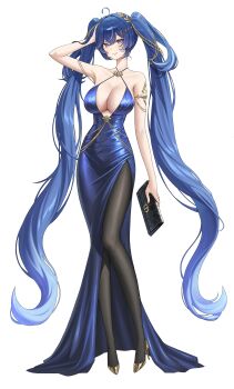 1girl absurdres ahoge alternate_breast_size_(larger) alternate_costume armlet bad_id bad_twitter_id bag bare_shoulders black_bag black_pantyhose blue_dress blue_eyes blue_hair breasts cleavage collarbone commentary criss-cross_halter dang_geun23283 dress full_body gold_shoes gradient_hair hair_between_eyes halterneck hand_on_own_head handbag high_heels highres holding holding_bag iuno_(wuthering_waves) jewelry large_breasts laurel_crown light_blush long_dress long_hair long_legs looking_at_viewer multicolored_hair pantyhose parted_lips shoes smile solo streaked_hair twintails very_long_hair wuthering_waves