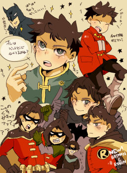 4boys batman batman_(series) brothers bruce_wayne cape damian_wayne dc_comics dick_grayson family father_and_son male_focus mask multiple_boys multiple_persona nightwing robin_(dc) siblings tim_drake