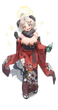 Rule 34 | + +, 1girl, absurdres, ahoge, bare shoulders, black gloves, black scarf, blue archive, bottle, breasts, cleavage, commentary, floral print, full body, gloves, grey hair, hair ornament, hairclip, halo, highres, holding, holding bottle, izumi (blue archive), izumi (new year) (blue archive), japanese clothes, keureu (tiqkdtiqkd10), kimono, large breasts, long hair, looking at viewer, open mouth, print kimono, red kimono, scarf, simple background, smile, solo, standing, symbol-only commentary, tabi, white background, yellow eyes