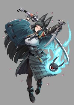 1girl animal_ear_fluff animal_ears aqua_jacket arm_out_of_sleeve arms_up black_hair black_necktie black_skirt breasts brown_pantyhose collared_shirt commentary english_commentary falling_petals fingerless_gloves floating_hair fox_ears full_body gauntlets ghost gloves glowing glowing_eye grey_background half-closed_eyes head_tilt high-waist_skirt highres holding holding_sheath holding_sword holding_weapon hoshimi_miyabi insouwu jacket katana large_breasts lips long_hair long_sleeves looking_at_viewer necktie one-eyed open_clothes open_jacket outstretched_arm pantyhose parted_lips petals pink_petals red_eyes scabbard sheath shirt shirt_tucked_in shoes simple_background single_fingerless_glove single_gauntlet skirt sword tailless_(zenless_zone_zero) unsheathed variant_set very_long_hair weapon white_shirt wide_sleeves wing_collar zenless_zone_zero