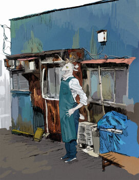 1boy apron blue_apron body_fur full_body furry furry_male goat_boy hand_on_own_hip horns male_focus nagabe original ponytail shirt short_ponytail solo standing tail white_fur white_shirt