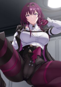 1girl black_jacket black_shorts breasts commentary_request eyewear_on_head gloves highres honkai:_star_rail honkai_(series) indoors jacket kafka_(honkai:_star_rail) large_breasts long_sleeves makiri_akira open_clothes open_jacket pantyhose pantyhose_under_shorts partial_commentary purple_eyes purple_gloves purple_hair purple_pantyhose round_eyewear shirt short_shorts shorts solo sunglasses thigh_strap thighs white_shirt