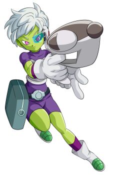 1girl absurdres armor belt bodysuit bodysuit_under_armor breastplate cheelai closed_mouth colored_skin dragon_ball dragon_ball_super full_body gloves green_skin gun highres holding holding_gun holding_weapon incredibly_absurdres jumping looking_at_viewer pink_eyes purple_bodysuit scouter short_hair smile solo weapon white_footwear white_gloves white_hair