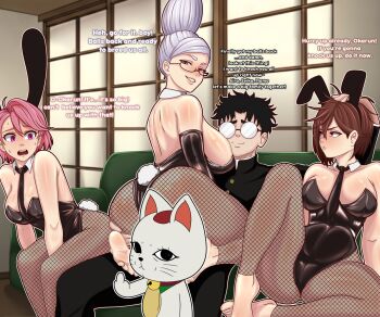 1boy 3girls age_difference antojadorvrd ayase_momo ayase_seiko beehive_hairdo black_hair breasts brown_hair cat censored cowgirl_position dandadan ffm_threesome fishnets gakuran glasses group_sex harem highres large_breasts mature_female multiple_girls pink_hair playboy_bunny round_eyewear school_uniform sex shiratori_aira_(dandadan) smile straddling takakura_ken_(dandadan) tall_hair threesome turbo_granny_(dandadan) white_hair