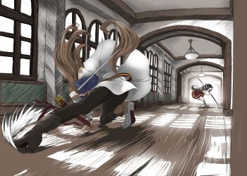 Rule 34 | 2girls, absurdres, animal ears, black boots, black pantyhose, black vest, blue jacket, boots, brown hair, commentary, english commentary, fighting stance, gloves, grass wonder (umamusume), high heel boots, high heels, highres, holding, holding polearm, holding sword, holding weapon, horse ears, horse girl, horse tail, jacket, katana, knee boots, komoro paint777, long hair, multiple girls, naginata, pantyhose, polearm, red skirt, shirt, short hair, skirt, special week (umamusume), sword, tail, umamusume, upskirt, vest, weapon, white boots, white gloves, white shirt, white skirt