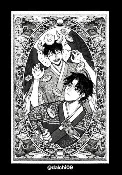 Rule 34 | 2boys, animal, animal on head, black wings, border, claw pose, commentary, dalchi09, demon horns, english commentary, feathered wings, greyscale, grin, hanbok, hands up, holding, holding sword, holding weapon, horns, kim dokja, korean clothes, looking at another, looking back, male focus, monochrome, mooncake, multiple boys, notice lines, official alternate costume, omniscient reader's viewpoint, on head, ornate border, smile, sword, weapon, wings, yoo joonghyuk