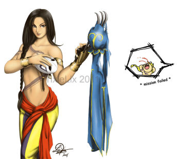 Rule 34 | 1boy, 1girl, alternate costume, alternate hairstyle, armband, balrog, balrog (cosplay), blonde hair, blood, blue dress, bracelet, braid, breasts, brown eyes, brown hair, capcom, china dress, chinese clothes, chun-li, claw (weapon), commentary request, cosplay, covering breasts, covering privates, crossdressing, dated, dress, gloves, holding, holding unworn clothes, jewelry, long braid, long hair, looking at viewer, mask, midriff, navel, nosebleed, pants, pectorals, sash, signature, simple background, single braid, single glove, smile, standing, street fighter, tattoo, thick thighs, thighs, tixie lix, topless female, topless male, torn clothes, unworn mask, vega (street fighter), very long hair, watermark, weapon, white background