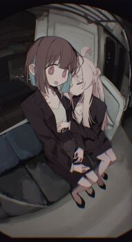 2girls 2mai84 :d ahoge bag bag_on_lap bare_legs black_jacket black_shoes black_skirt blue_hair brown_eyes brown_hair closed_eyes colored_inner_hair fisheye half_updo highres hozuki_momiji indoors jacket leaning_on_person long_hair long_sleeves looking_at_viewer multicolored_hair multiple_girls office_lady onii-chan_wa_oshimai! open_mouth oyama_mahiro paper_bag pencil_skirt pink_eyes shirt shoes short_hair sitting skirt sleeping smile train_interior two-tone_hair white_shirt