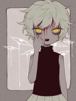 Rule 34 | .flow, 1girl, bags under eyes, black nails, black sweater, blood, blood on face, border, commentary, eleanor (ohmyeleanor), expressionless, glowing, glowing eyes, looking at viewer, open mouth, pale skin, pleated skirt, sabitsuki, short hair, skirt, sleeveless, sleeveless turtleneck, solo, static, sweater, teeth, turtleneck, turtleneck sweater, upper body, upper teeth only, v, white hair, white skirt, yellow eyes