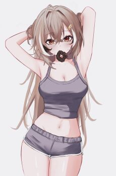 Rule 34 | 1girl, absurdres, alternate costume, armpits, arms up, black streaks, breasts, brown eyes, brown hair, camisole, cleavage, dolphin shorts, grey camisole, grey shorts, hair ornament, hair scrunchie, hair tie in mouth, highres, hololive, hololive english, large breasts, long hair, looking at viewer, meme, mouth hold, nanashi mumei, navel, saltdcrmell, scrunchie, short shorts, shorts, simple background, solo, virtual youtuber, which holomem looks best in these? (meme), white background, white streaks