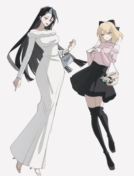 Rule 34 | 2girls, bag, baitang sw, bare shoulders, black bow, black thighhighs, blonde hair, bow, colored inner hair, detached sleeves, dress, fate/grand order, fate (series), figure, full body, genderswap, genderswap (mtf), grey background, grey eyes, hair bow, handbag, high heels, highres, kondou isami (fate), long legs, looking at another, miniskirt, multicolored hair, multiple girls, off shoulder, okita souji (fate), pink shirt, shirt, simple background, skirt, thighhighs, white dress