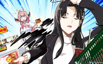 2girls a-kiraa_(whisper) absurdres aru_(blue_archive) bento black_hair black_jacket blue_archive breasts closed_eyes commentary_request hair_lift halo highres horns jacket large_breasts long_hair meme multiple_girls naoya_hitting_choso_without_looking_(meme) open_mouth pink_hair rio_(blue_archive) shopping_basket sweater turtleneck turtleneck_sweater white_sweater