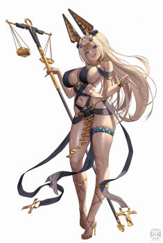 1girl absurdres animal_ears blonde_hair blush breasts commentary english_commentary fake_animal_ears full_body green_eyes high_heels highres holding holding_staff large_breasts long_hair looking_at_viewer love_cacao mechanical_ears navel original parted_lips sideboob simple_background skindentation smile solo staff thighs white_background
