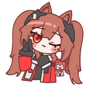 Rule 34 | 2girls, angelina (arknights), animal ears, arknights, arknights: endfield, black gloves, blush stickers, brown hair, coat, commentary, d:, deformed, dress, fox ears, fox girl, geomiddang, gilberta (arknights), gloves, grey dress, hairband, headgear, jaw drop, long hair, looking at viewer, multiple girls, one eye closed, open clothes, open coat, open mouth, orange eyes, red coat, red hairband, simple background, smile, straight-on, twintails, v, white background, white coat