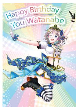 absurdres anchor anchor_symbol arms_up birthday black_hair boots bracelet breasts chain character_name choker commentary_request frills gloves gold_trim hands_up happy_birthday hat high_heels highres jewelry jumping love_live! love_live!_sunshine!! multicolored_stripes navel polka_dot rainbow rainbow_background sailor sailor_hat shorts skirt stomach striped_clothes striped_thighhighs thighhighs watanabe_you white_gloves white_shorts wild-heart