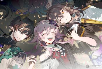 1boy 3girls artist_name as_i've_written_(honkai:_star_rail) black_hair black_jacket blue_eyes book brown_hair closed_eyes closed_mouth commentary_request cyrene_(demiurge)_(honkai:_star_rail) cyrene_(honkai:_star_rail) dan_heng_(honkai:_star_rail) dan_heng_(permansor_terrae)_(honkai:_star_rail) dappled_sunlight dragon_horns earrings evernight_(honkai:_star_rail) flower grey_hair hair_between_eyes hair_flower hair_ornament hair_spread_out happy holding_hands honkai:_star_rail honkai_(series) horns interlocked_fingers jacket jewelry kawachi_rin light_smile long_hair lying march_7th_(honkai:_star_rail) multiple_girls on_back on_grass one_eye_closed open_mouth out_of_frame pink_hair pointy_ears quill short_hair single_bare_shoulder single_earring smile stelle_(honkai:_star_rail) sunlight trailblazer_(honkai:_star_rail) upper_body very_long_hair yellow_eyes