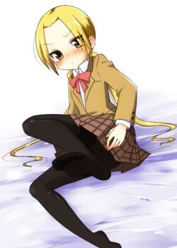 1girl arm_support artist_request black_pantyhose blonde_hair bow bowtie brown_eyes brown_jacket brown_skirt closed_mouth dot_mouth eyes_visible_through_hair feet female_focus full_body hagimura_suzu hair_intakes jacket loli long_sleeves looking_at_viewer no_shoes pantyhose plaid_clothes plaid_skirt pleated pleated_skirt presenting_foot red_bow red_bowtie school_uniform seitokai_yakuindomo shirt sitting skirt soles solo toes twintails upskirt white_background white_shirt yellow_eyes