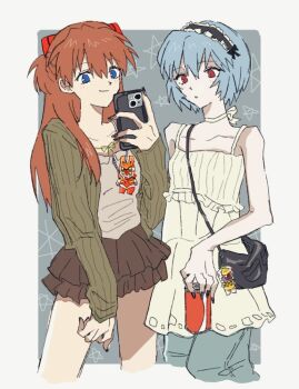 2girls ayanami_rei bag bare_shoulders black_bag black_hairband black_nails blue_eyes blue_pants border breasts brown_skirt can cardigan cellphone cellphone_charm charm_(object) choker closed_mouth collared_shirt cowboy_shot denim green_cardigan grey_background grey_shirt hair_between_eyes hairband half_updo headgear holding holding_can holding_phone jeans kws_spz light_smile long_hair medium_breasts miniskirt multiple_girls nail_polish neon_genesis_evangelion pants phone red_eyes red_hair ribbon_choker shirt short_hair short_twintails shoulder_bag skirt sleeveless sleeveless_shirt smartphone souryuu_asuka_langley twintails white_border white_choker white_shirt