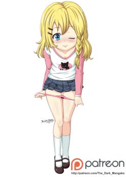 1girl aqua_eyes artist_name blonde_hair blusb blush bow bow_panties braid brown_shoes closed_mouth collarbone dated facing_viewer female_focus flat_chest gluteal_fold hair_ornament hairclip idol kneehighs legs_together loli long_hair long_sleeves looking_at_viewer mignori-tan miniskirt model one_eye_closed panties panty_pull patreon_username pink_panties pleated_skirt pulling_own_clothes shiny_skin shirt shoes simple_background skirt smile socks solo standing tagme the_dark_mangaka thigh_gap thighs underwear white_background white_socks