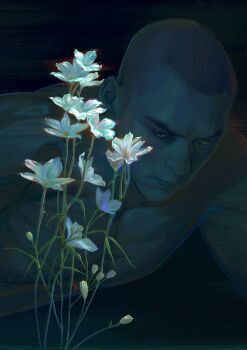 1boy absurdres android black_background closed_mouth dark-skinned_male dark_skin detroit:_become_human flower hashtag-only_commentary highres leaf leaning_forward male_focus markus_(detroit) peanut9021 plant short_hair solo toned toned_male topless_male upper_body very_short_hair white_flower