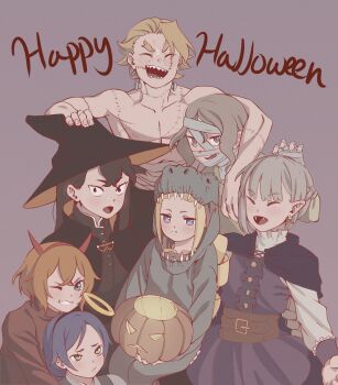 angel beatrice_(re:zero) black_hair blonde_hair blue_eyes blue_hair brown_eyes cape closed_mouth crossdressing devil dinosaur emilia_(re:zero) fang garfiel_tinsel green_eyes grey_hair halloween halo hat highres jack-o'-lantern long_hair meili_portroute multiple_boys multiple_girls mummy natsuki_subaru natsumi_schwarz orange_hair petra_leyte pumpkin re:zero_kara_hajimeru_isekai_seikatsu sanpaku sharp_teeth teeth trap vampire very_long_hair witch_hat zombie