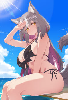1girl absurdres animal_ears ashinobu_panda bikini blue_sky cloud colored_inner_hair commentary_request commission day feet_out_of_frame fox_ears fox_tail front-tie_bikini_top front-tie_top grey_hair highres horizon multicolored_hair ocean original outdoors purple_hair side-tie_bikini_bottom skeb_commission sky solo sun swimsuit tail virtual_youtuber yellow_eyes
