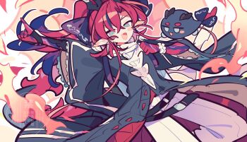 1boy arknights belt black_coat blue_eyes blue_hair coat colored_extremities colored_skin commentary dragon_bubble_(arknights) feet_out_of_frame fire long_hair long_sleeves looking_at_viewer male_focus multicolored_hair multiple_belts one-hour_drawing_challenge open_mouth pants pointy_ears red_hair red_skin simple_background smile solo streaked_hair watermark white_background white_pants wide_sleeves ym_dpl yu_(arknights)