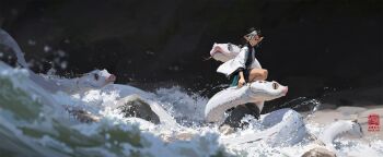 1girl artist_name barefoot black_hair breasts chinese_zodiac commentary english_commentary hair_over_one_eye highres kan_liu_(666k) medium_breasts multicolored_hair original outdoors pointy_ears river robe rock seal_impression short_hair shorts signature smile snake solo streaked_hair water white_hair white_sleeves white_snake wide_sleeves year_of_the_snake