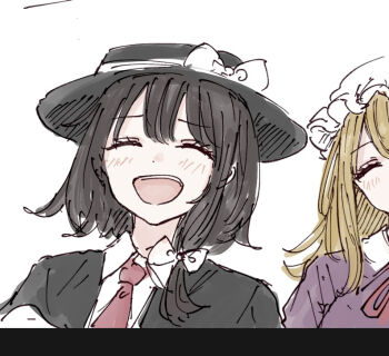 Rule 34 | 2girls, :d, asymmetrical hair, black capelet, black hat, blonde hair, bow, brown hair, capelet, closed eyes, collared dress, collared shirt, commentary, contrast collar, dress, hair between eyes, hair bow, happy, hat, hat bow, kashiwada kiiho, maribel hearn, medium hair, mob cap, multiple girls, neck ribbon, necktie, open mouth, purple dress, red necktie, red ribbon, ribbon, shirt, short hair, smile, teeth, touhou, unfinished, upper teeth only, usami renko, white background, white bow, white hat, white shirt