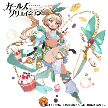 Rule 34 | 1girl, :d, armpits, belt, blonde hair, blush, breasts, brown belt, bubble tea, chain, cleavage, commentary request, copyright logo, copyright name, copyright notice, crop top, cup, fingerless gloves, food, full body, girls creation, gloves, green ribbon, green shoes, green skirt, hair ribbon, highres, holding, holding cup, jacket, large breasts, leg warmers, logo, long hair, manet (girls creation), miniskirt, nauribon, navel, official art, open clothes, open jacket, open mouth, parfait, personification, pleated skirt, purple eyes, ribbon, shoes, simple background, skirt, smile, solo, standing, standing on one leg, tank top, thigh strap, very long hair, white background, white gloves, white leg warmers, white tank top