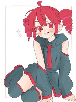 Rule 34 | 1girl, ahoge, alternate costume, boots, detached sleeves, drill hair, grey boots, grey hoodie, grey skirt, hashtag-only commentary, highres, hood, hood down, hoodie, kasane teto, komori kamome, looking at viewer, miniskirt, necktie, red eyes, red hair, red necktie, sitting, skirt, sleeveless, sleeveless hoodie, smile, solo, sparkle, thigh boots, twin drills, utau